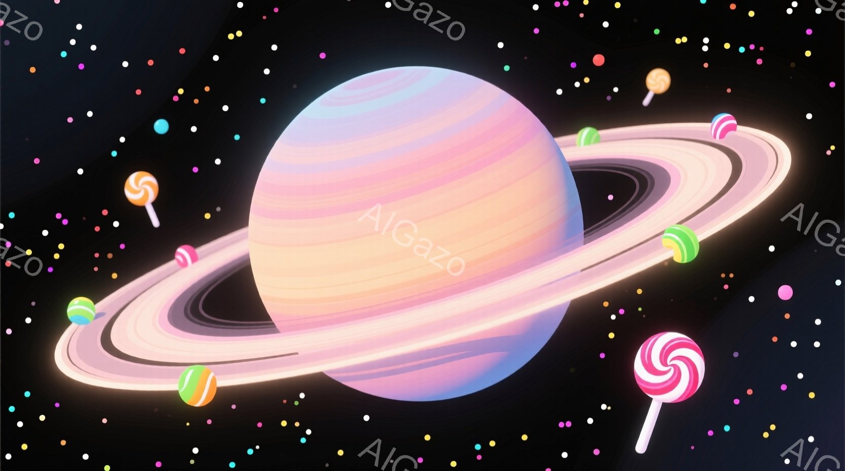 柔らかいピンクとオレンジ色のストライプが印象的な惑星が、複数のリングに囲まれて宇宙空間に浮かんでいる。リングの間には、様々な色のキャンディが散りばめられ、まるで惑星の周りを回る衛星のように見える。背景 - AI生成フリー素材