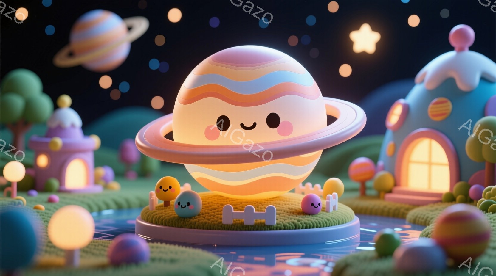 鮮やかな色彩のファンタジーな風景が広がっており、中心には可愛らしい惑星が浮かんでいます。惑星はピンクとオレンジのストライプ模様で、楽しそうな表情をしています。背景には、明るく照らされたミニチュアのよう - AI生成フリー素材