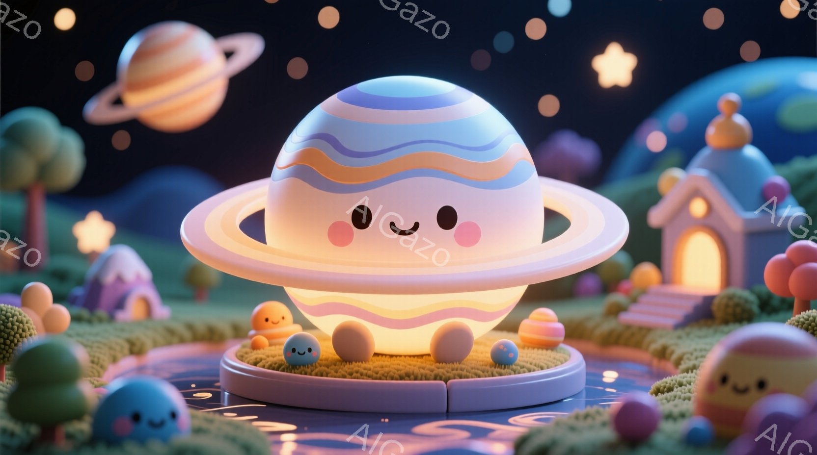 土星をモチーフにした可愛らしい光るオブジェクトが中央に配置され、周囲にはカラフルな丸いオブジェクトやミニチュアの建物が点在しています。背景は暗い夜空で、小さな星が輝き、全体的に夢のような、幻想的な雰囲 - AI生成フリー素材