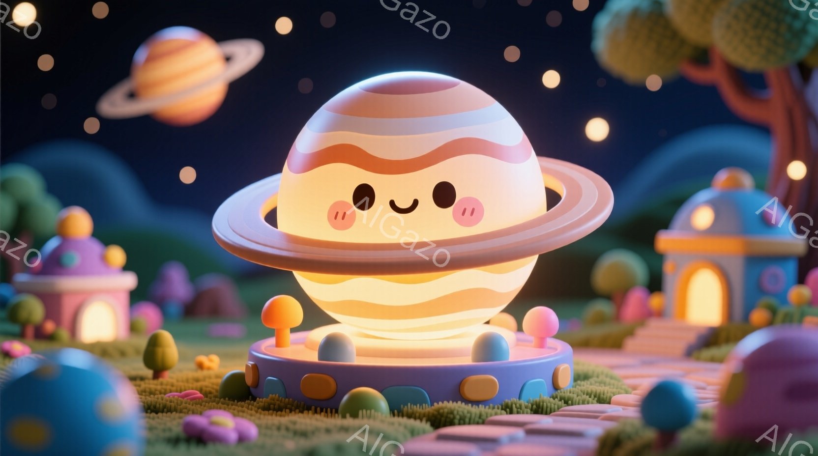 鮮やかな色彩で彩られたファンタジーな風景の中に、惑星をモチーフにした可愛らしいキャラクターが浮かんでいる。惑星は、クリーム色とオレンジ色のストライプが特徴で、丸い顔には笑顔が描かれ、愛らしい雰囲気を醸 - AI生成フリー素材