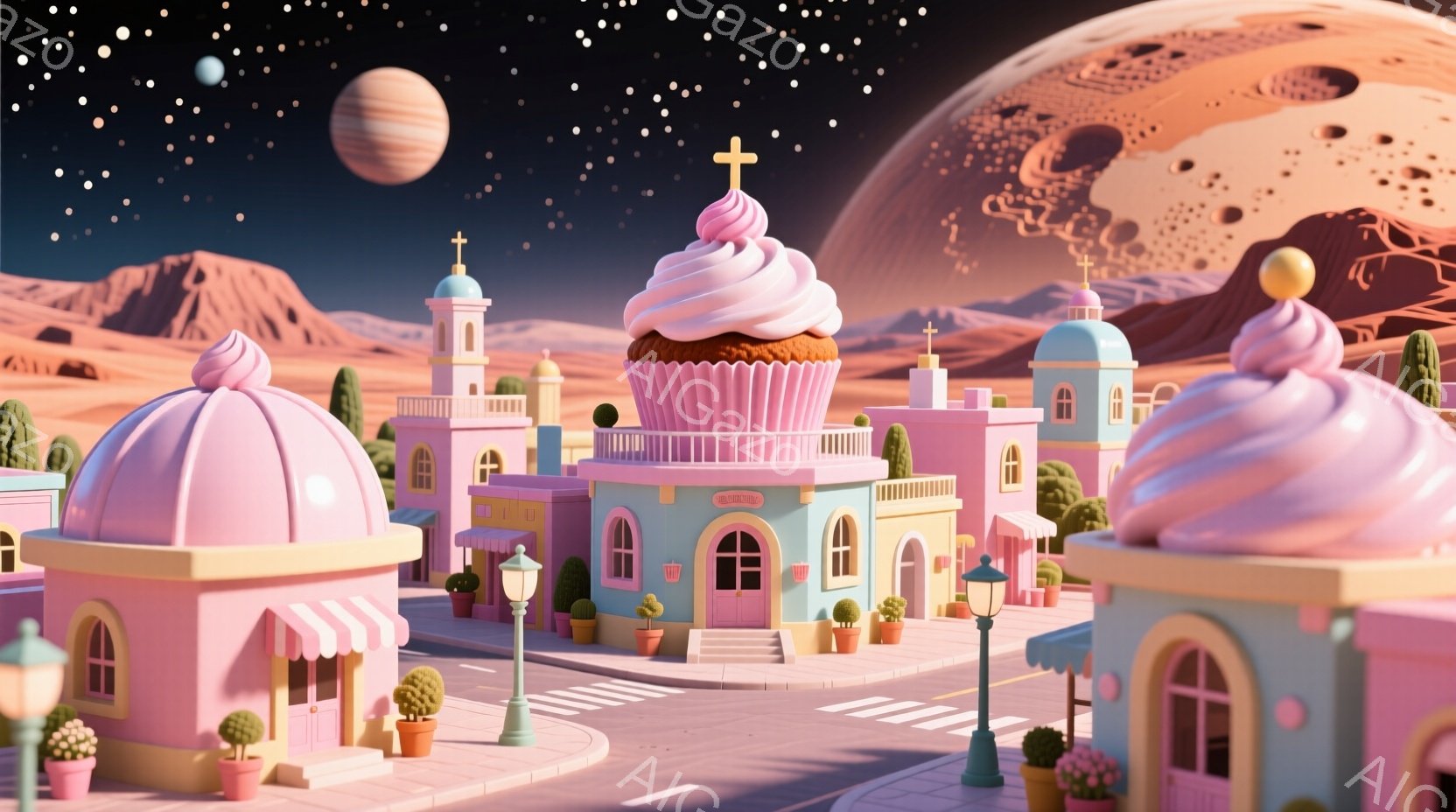 「スター・ウォーズ」がインスピレーションとなった、惑星Tatooineのような奇妙で鮮やかな町に設定されたシーンを表しています。 街は天然ガスを燃料に用いる照明で照らされ、惑星上の住民がよく過ごす場所として描かれています。 町は甘いカクテルやキャンディーを販売する屋台、カフェ、およびパッタリオのスイーツ店が点在しており、街全体としては楽しみと幻想的な感覚を提供します。