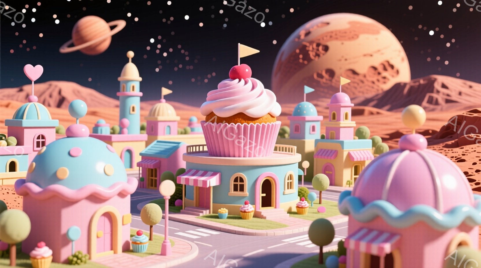 鮮やかなピンク、水色、黄色の建物が並ぶ、お菓子のような街並みです。背景には赤い砂漠のような大地と、大きな惑星が浮かび、まるで別世界のような夢幻的な雰囲気を醸し出しています。建物はカップケーキやキャンデ - AI生成フリー素材