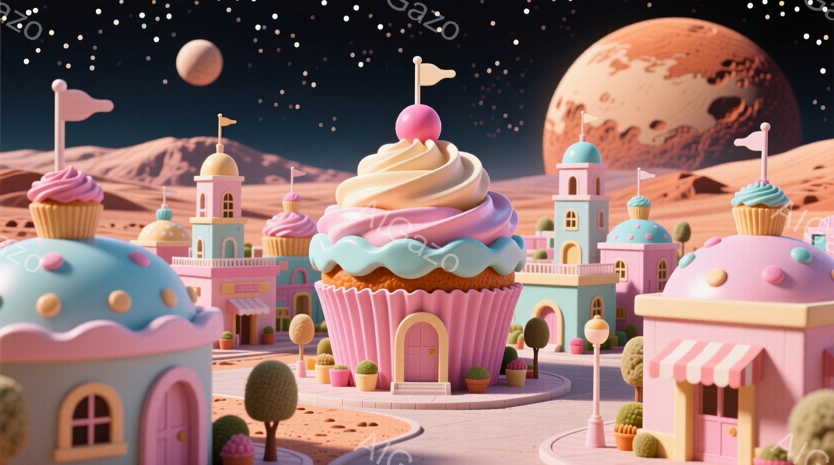 カラフルなカップケーキをモチーフにした建物が並ぶ、夢のような風景です。背景には砂漠のような地形と、大きく赤い惑星が浮かんでいます。全体的にパステルカラーで統一されており、明るく、おとぎ話のような雰囲気 - AI生成フリー素材
