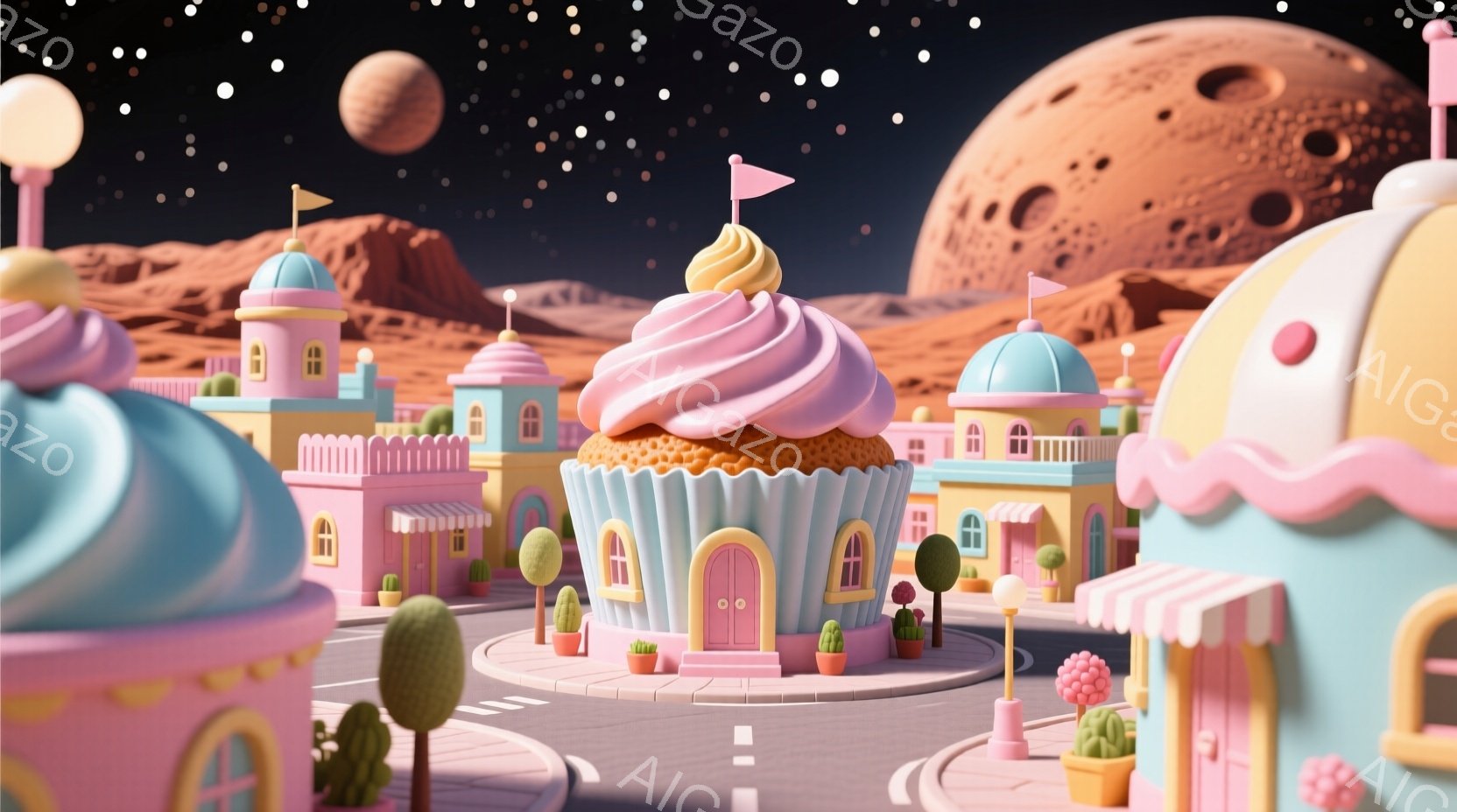 カラフルで可愛らしいカップケーキをモチーフにした街並みが描かれています。建物はすべてカップケーキやアイスクリームのような形をしており、明るいピンク、水色、黄色などのパステルカラーで彩られています。背景 - AI生成フリー素材