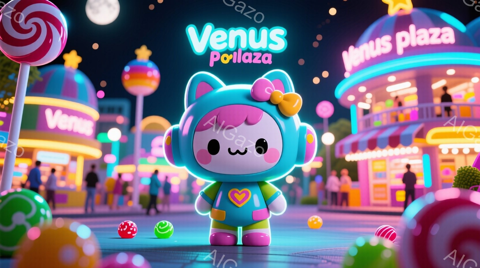 明るいピンクと水色の背景に、丸みを帯びた可愛らしいキャラクターが立っています。キャラクターは緑色のオーバーオールと、ハートの飾りが付いたヘッドフォンを身に着け、微笑んでいます。背景には、ネオンサインが - AI生成フリー素材