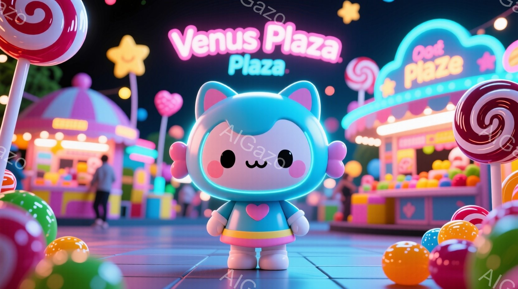 明るい遊園地を背景に、丸いピンク色のキャラクターが立っています。キャラクターは水色のシャツにハート形の飾り、そして明るいピンク色のスカートを身に着けています。背景には、カラフルな屋台や巨大なキャンディ - AI生成フリー素材