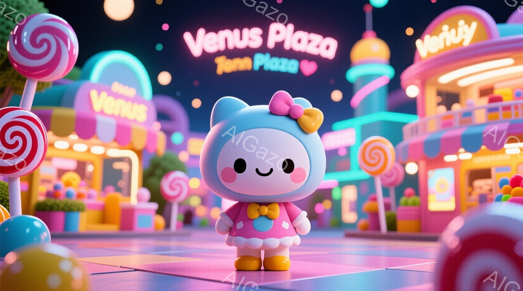 ピンクと白のドレスを着た可愛らしいキャラクターが描かれています。キャラクターは丸い頭に大きな目、そして幸せそうな笑顔を浮かべており、まるでキャンディランドから飛び出してきたようです。背景には、カラフルな建物や巨大なキャンディが配置され、夢のような雰囲気を醸し出しています。