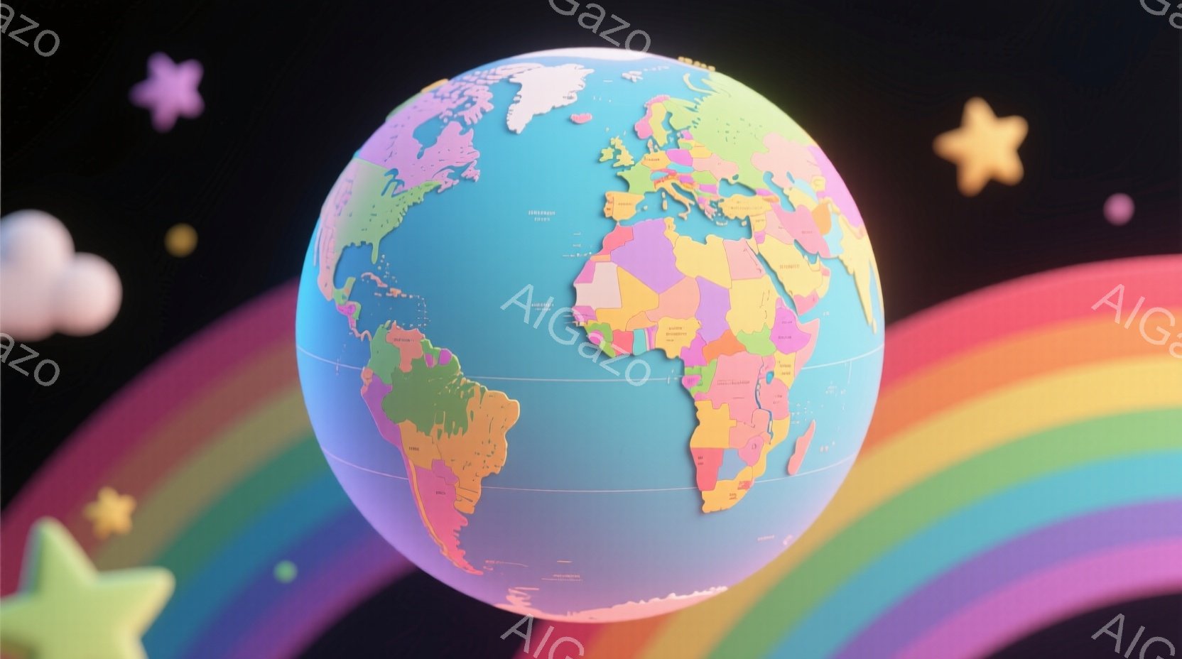 カラフルな世界が、虹色の背景を背景に浮かんでいます。各大陸は異なるパステルカラーで表現され、まるで子供の絵のような温かさがあります。背景には星や雲が散りばめられ、夢のような幻想的な雰囲気を醸し出してい - AI生成フリー素材
