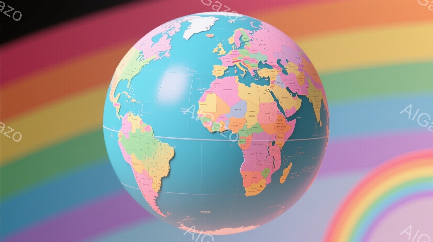 地球儀が描かれており、各大陸が鮮やかなパステルカラーで塗り分けられています。背景は虹色にグラデーションがかかっており、地球儀を幻想的な光の中に浮かび上がらせています。全体的に明るくポップな雰囲気で、教育的な要素とアート性を兼ね備えた画像です。