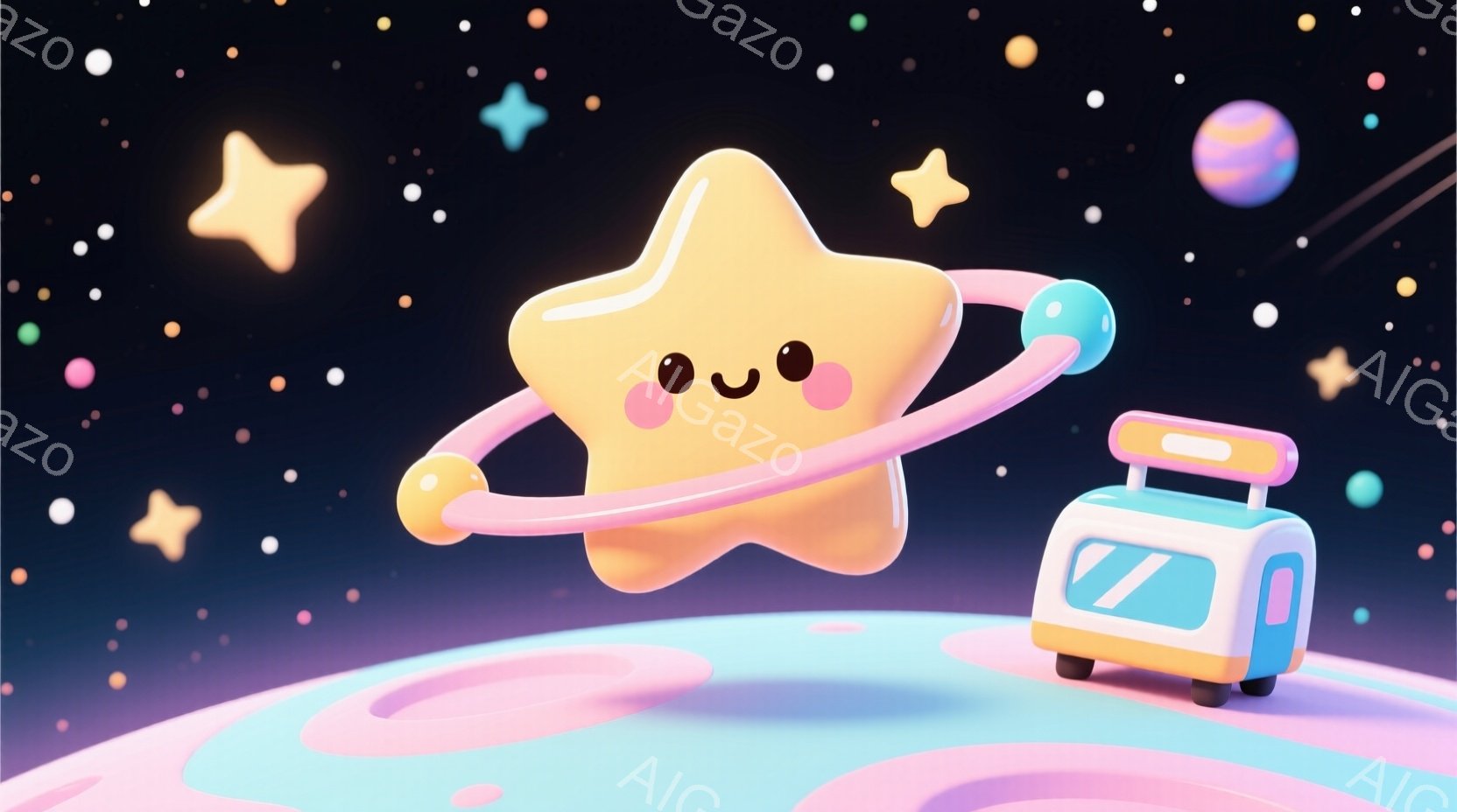 鮮やかなピンク色の惑星のような地面に、笑顔の星のキャラクターが浮かんでいます。星は腕を広げ、ピンク色のリングを回しています。背景は暗い宇宙空間で、様々な色の星や、遠くに見える惑星が散りばめられており、 - AI生成フリー素材