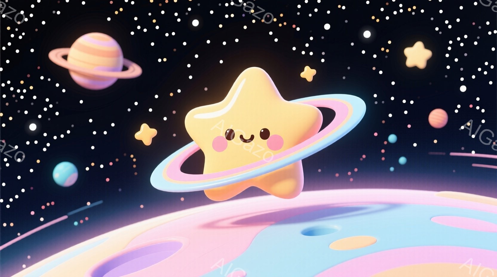 柔らかいピンク色の惑星上に、可愛らしい星のキャラクターが立っています。その星は明るいオレンジ色で、幸せそうな笑顔と丸い目を持ち、頭には光るリングが付いています。背景は暗い宇宙空間で、他の惑星や星が散りばめられ、全体的に夢のような、優しい雰囲気です。