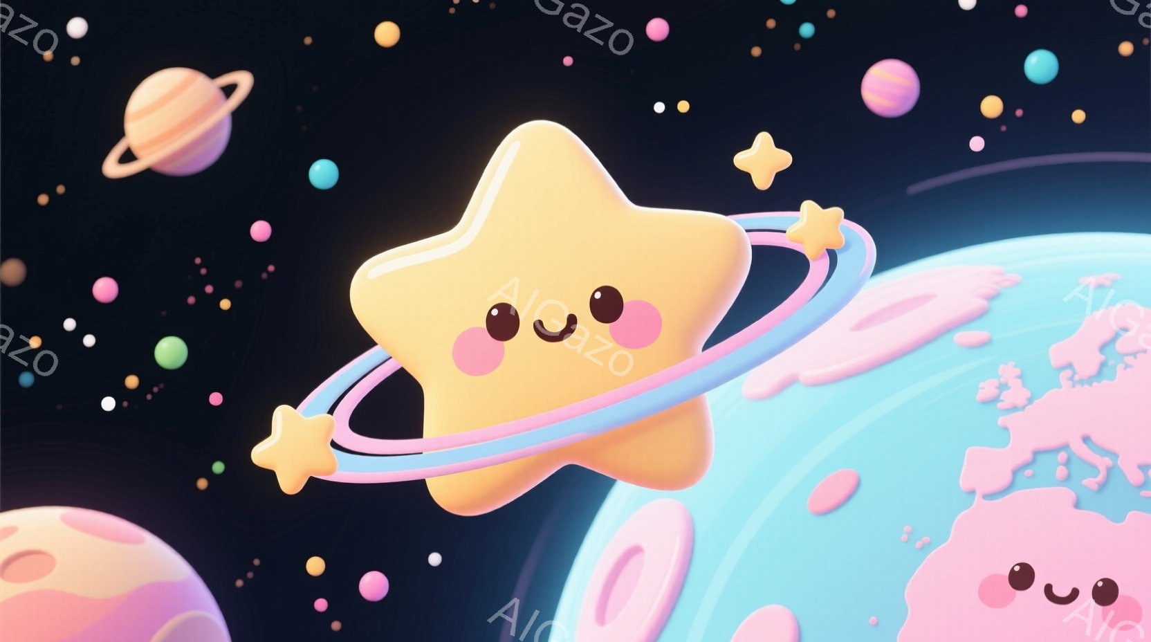 輝く星のキャラクターが、地球の周りをピンク色の輪で囲んで飛んでいる様子が描かれています。そのキャラクターはつぶらな瞳とほほえましく優しい表情をしており、背景には様々な色の惑星や星々が散りばめられていま - AI生成フリー素材