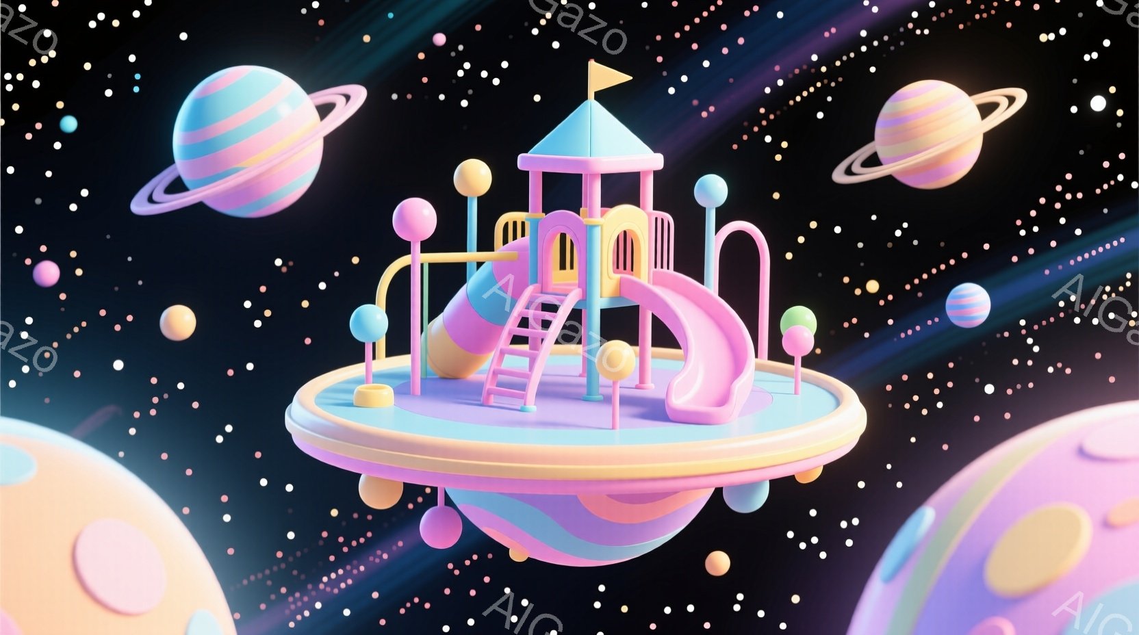 鮮やかなピンクと水色の遊具が、雲のような淡いピンク色の円盤の上に浮かんでいます。背景には、様々な大きさの惑星が散りばめられた、夜空のような背景が広がっており、幻想的な雰囲気を醸し出しています。全体的に - AI生成フリー素材