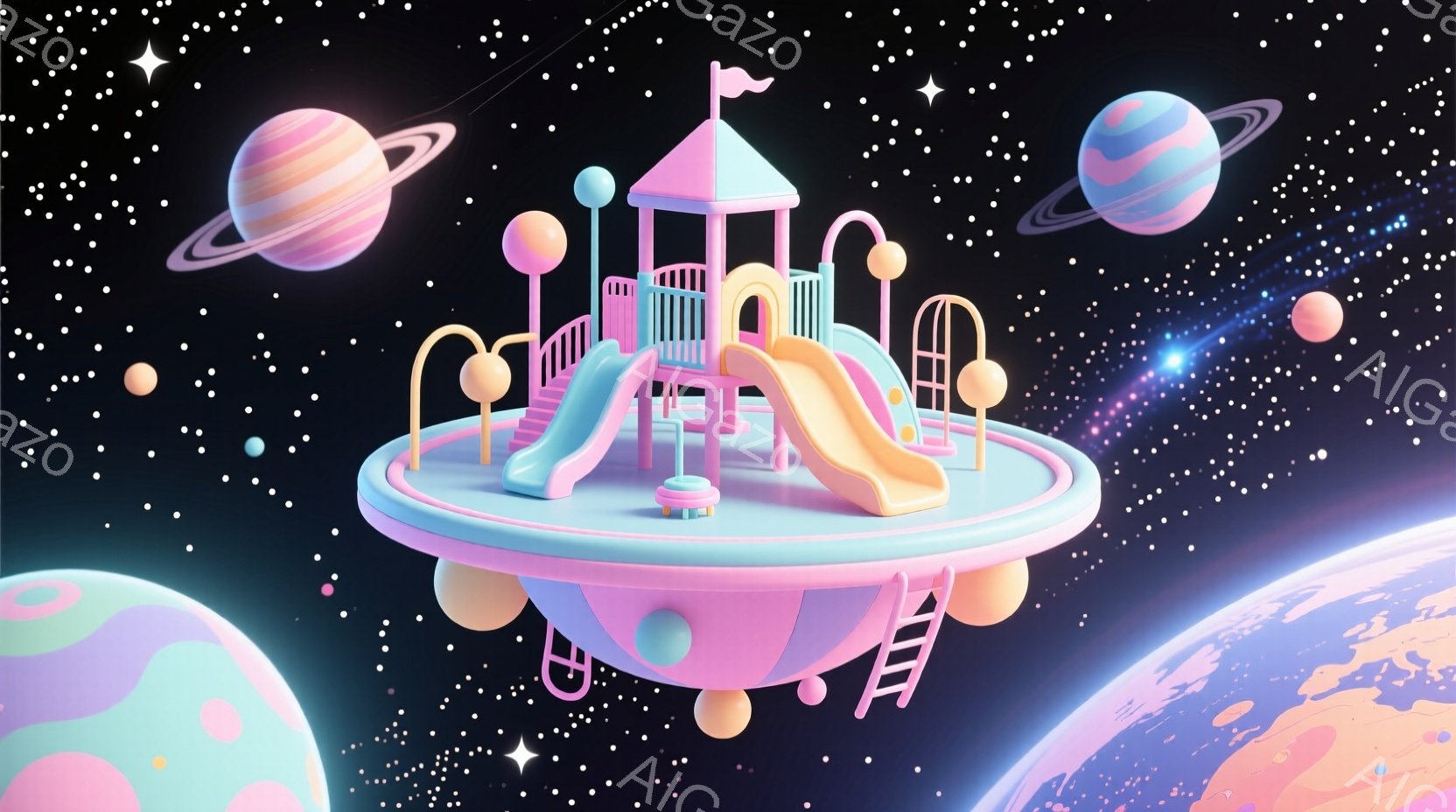 鮮やかなピンクと水色の遊具が、宇宙空間に浮かぶ円盤状のプラットフォームに設置されています。背景には、様々な大きさの惑星が点在し、星屑が散りばめられています。全体的に、夢幻的でかわいらしい雰囲気のイラス - AI生成フリー素材