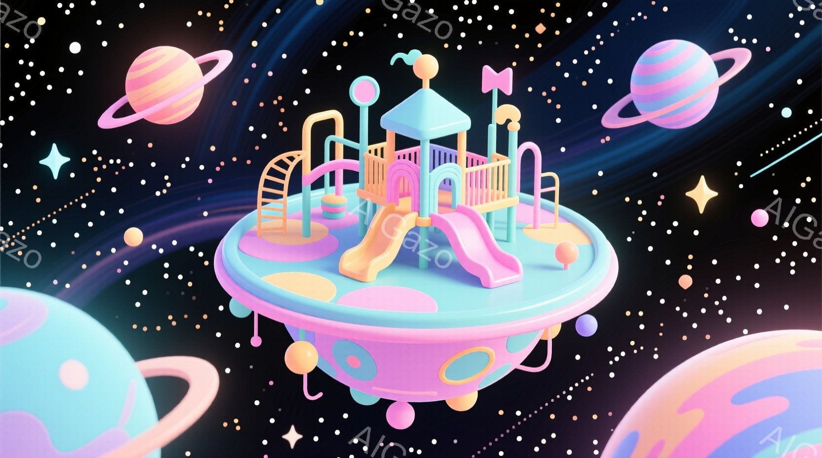 鮮やかなピンクと水色の遊具が、星空を背景に浮かぶ遊園地を描いています。遊具は丸いプラットフォームの上に配置され、パステルカラーの惑星が周囲を漂う幻想的な光景です。全体的に柔らかく可愛らしい雰囲気で、子 - AI生成フリー素材