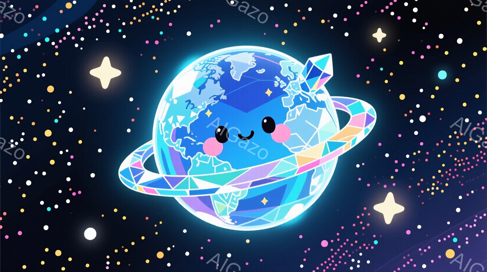 鮮やかな水色の地球が、虹色に輝くリングで囲まれています。地球には可愛らしい赤い頬と笑顔があり、とても親しみやすい印象を与えます。背景は暗い青色で、さまざまな大きさの星が散りばめられており、幻想的な雰囲 - AI生成フリー素材