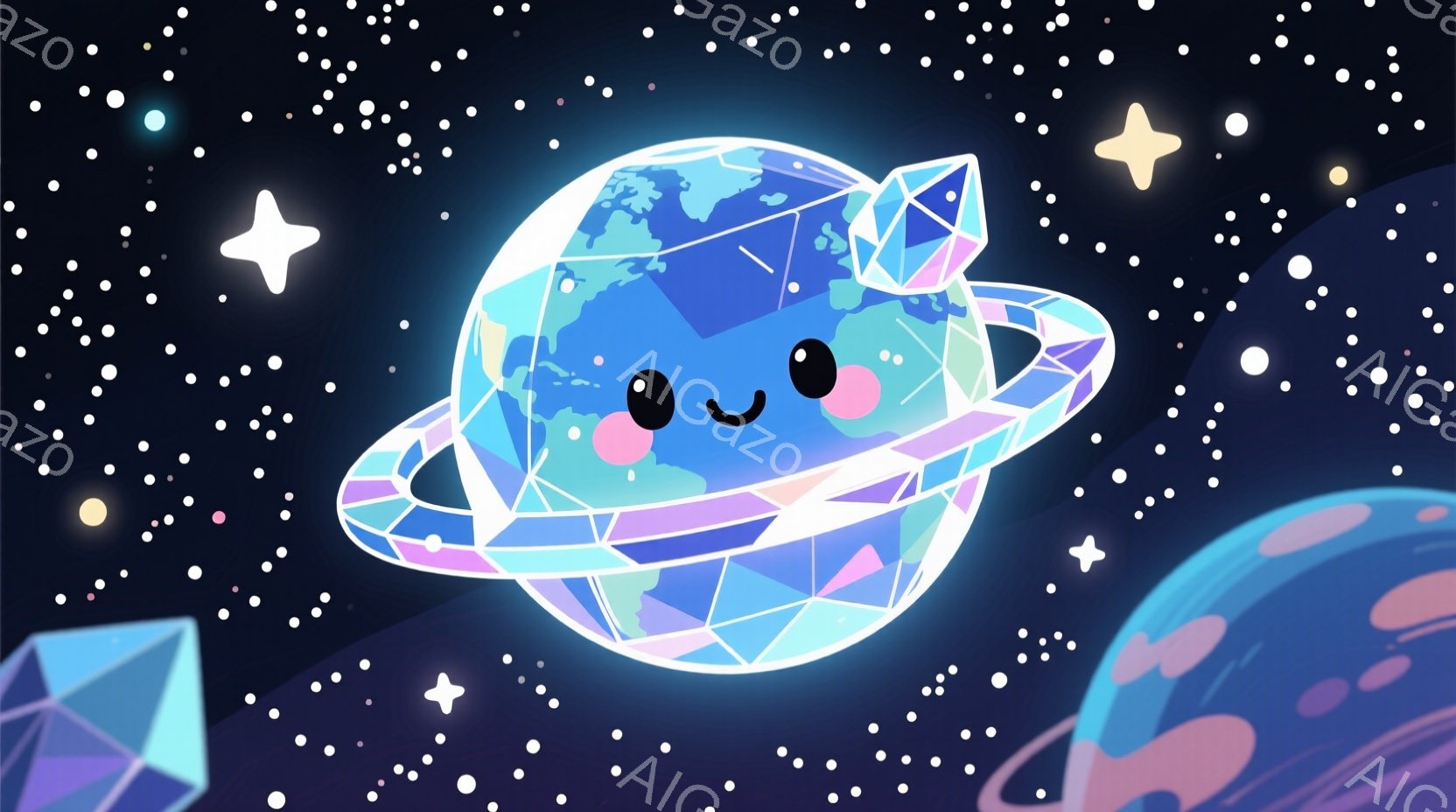 鮮やかな青と紫色のダイヤモンドのような惑星が、愛らしい笑顔を浮かべて中央に浮かんでいます。背景は濃い青色で、星や他の惑星の断片が散りばめられ、神秘的な宇宙空間を表現しています。全体的に、明るく、ファン - AI生成フリー素材