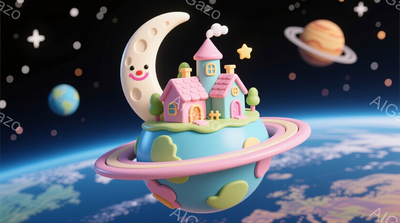 ターコイズブルーの地球のような惑星の上に、ピンク色の可愛らしい家々が建ち並び、緑色の丘と黄色い雲が惑星の表面を彩っています。明るいピンク色のリングが惑星の周りを旋回し、遠くには惑星と星空が広がり、微笑 - AI生成フリー素材