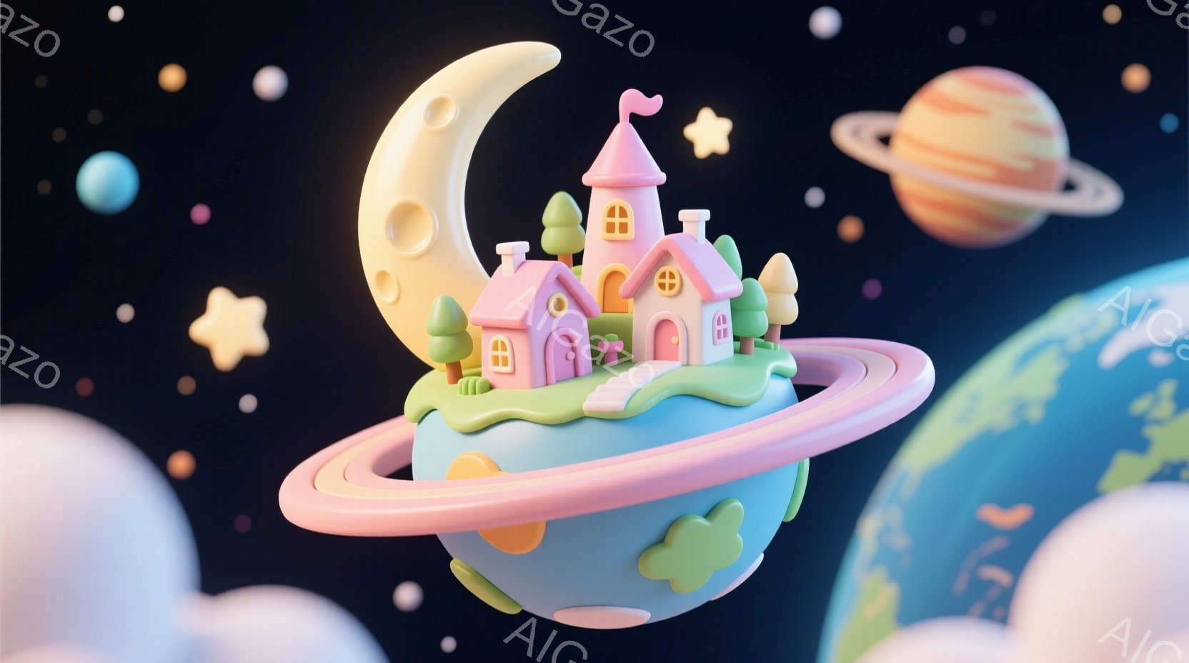 鮮やかな色彩のファンタジックな惑星が描かれています。空色の球体には緑の丘とピンクの線が走り、その上には可愛らしいピンク色の家々が並び、月型のオブジェが配置されています。背景には雲や星、そして土星のよう - AI生成フリー素材