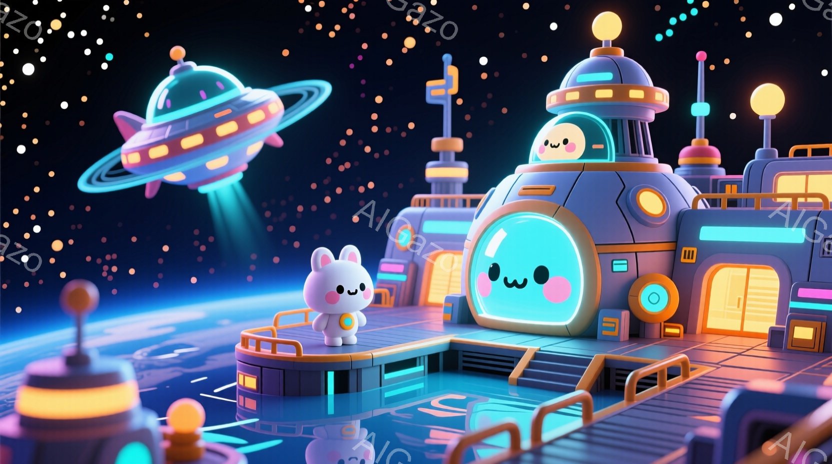 鮮やかな青い宇宙を背景に、かわいいウサギのキャラクターがオレンジ色の宇宙服を着て立っています。ウサギは丸い顔にシンプルな表情で、未来的な建物が並ぶプラットフォームの上にいます。背景には地球が浮かび、U - AI生成フリー素材