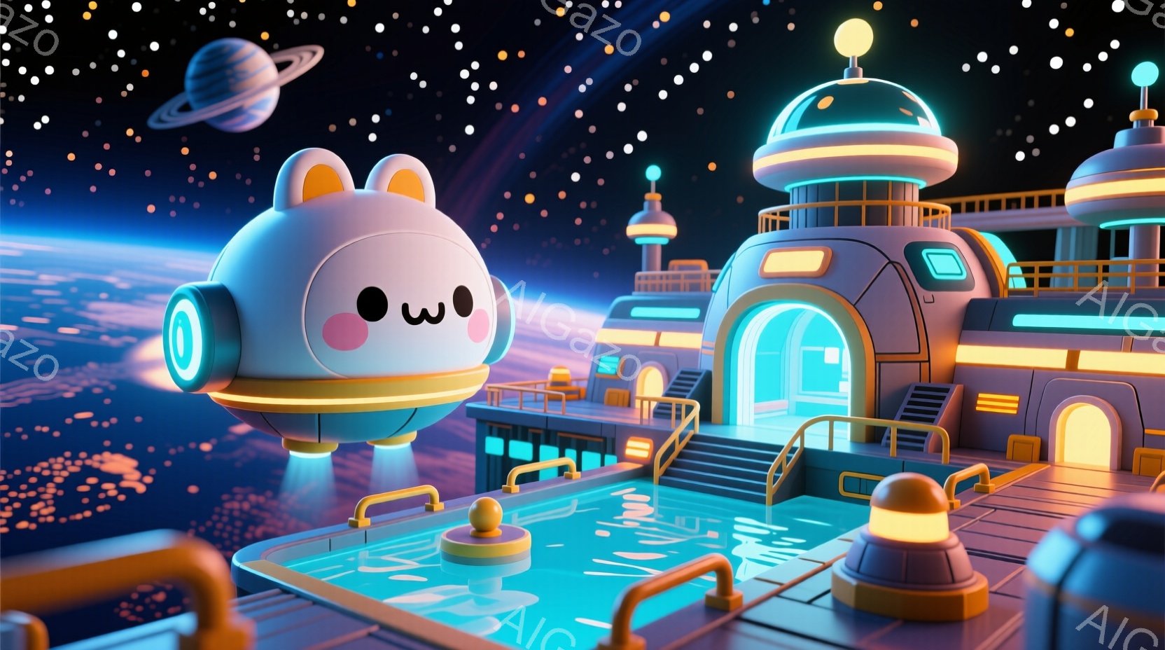 明るいピンク色の水面の上に、かわいいウサギの耳を持つ、ピンクとオレンジの宇宙船が浮かんでいます。背景には、未来的な建造物が立ち並び、夜空には惑星が輝き、全体的に夢のような雰囲気を醸し出しています。建造物は青とオレンジ色で装飾され、夜空と調和しています。