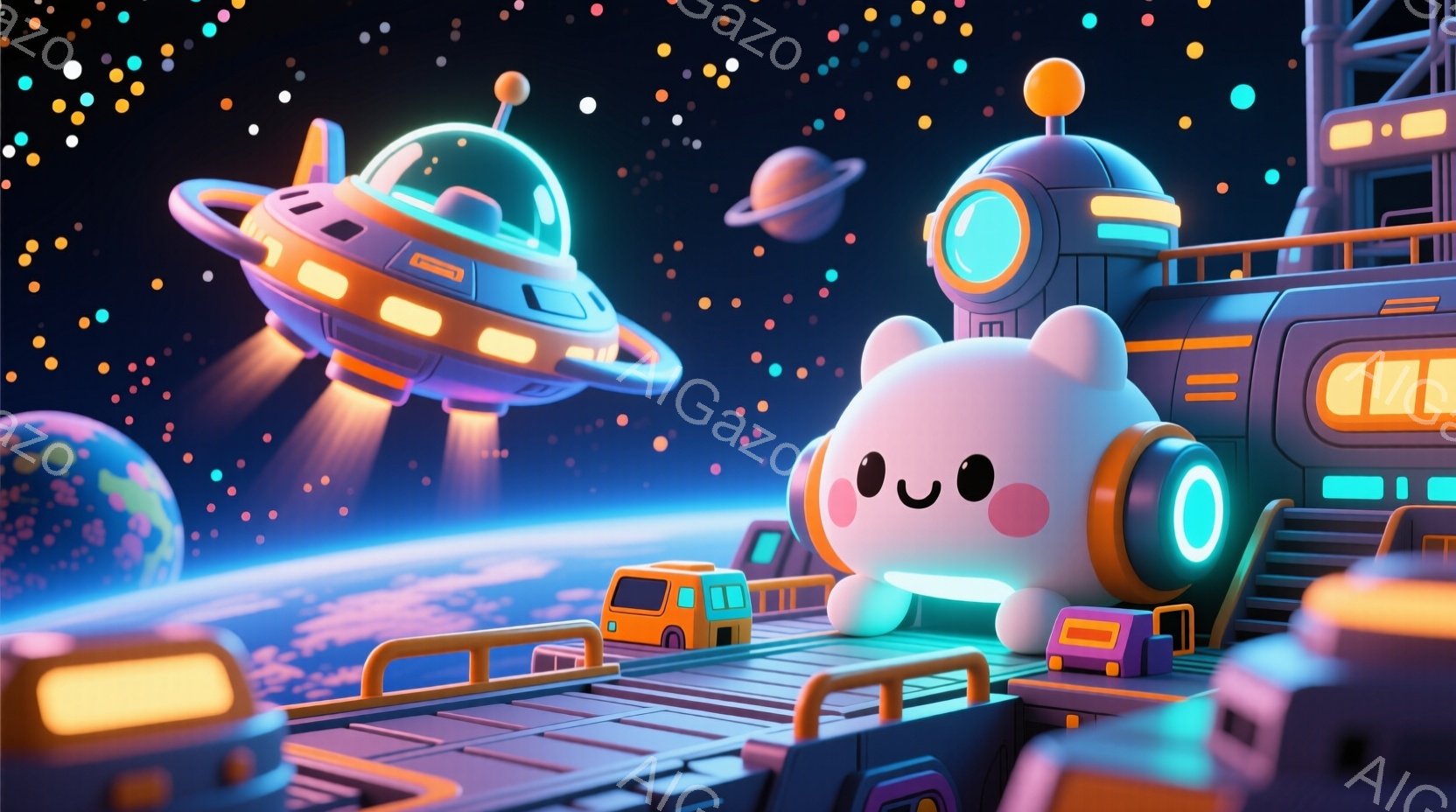 鮮やかな紫色の宇宙空間を背景に、かわいらしいピンク色のキャラクターが、未来的なプラットフォームの上に立っています。キャラクターは丸いフォルムで、つぶらな瞳と控えめな笑顔が特徴です。背景には地球や他の惑 - AI生成フリー素材