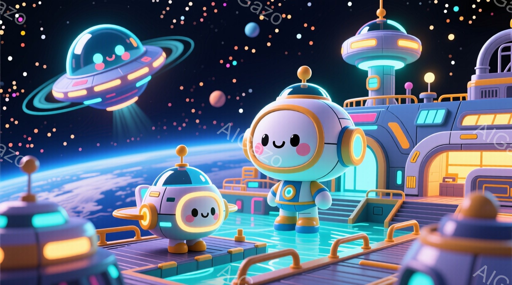 鮮やかな青色の宇宙を背景に、可愛らしいロボットたちが未来的なプラットフォームに立っています。メインのロボットはオレンジ色のオーバーオールと明るいブルーの髪型をしており、微笑んでいます。背景には、惑星と - AI生成フリー素材