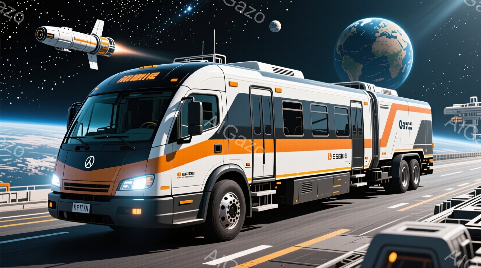 白とオレンジ色の大型トラックが、未来的な高架道路を走行している様子が描かれています。背景には地球とロケットが浮かび、宇宙空間を連想させる壮大な景色が広がっています。トラックには「G-FORCE」のロゴ - AI生成フリー素材