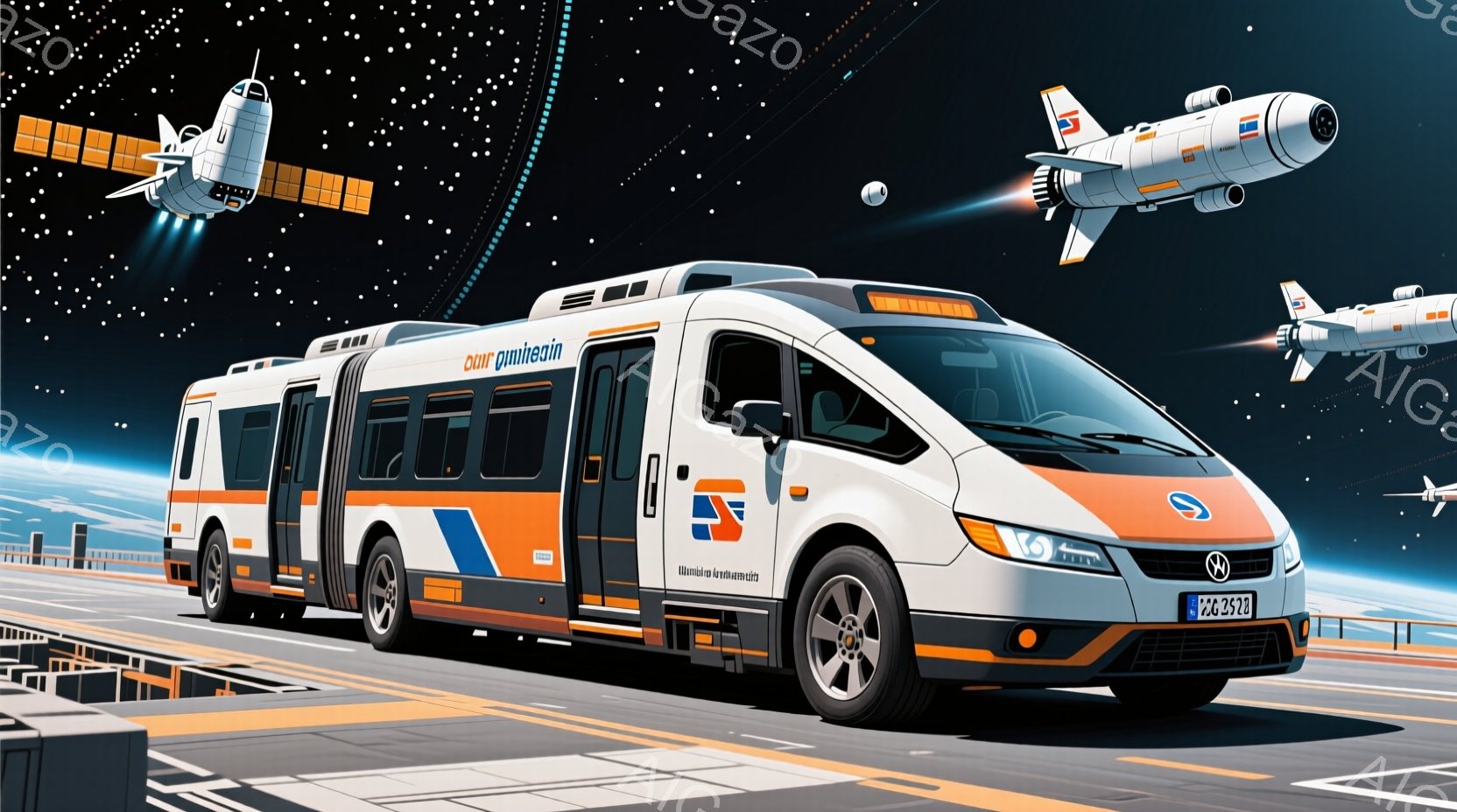 白いバンが、オレンジとグレーのストライプが特徴的なデザインで、未来的なプラットフォーム上に停車している。背景には地球と宇宙空間が広がり、ロケットや宇宙船が複数描かれており、SF的な雰囲気を醸し出している。このバンは、緊急車両のような外観で、救急医療や宇宙開発に関連するイベントで使用されることを連想させる。
