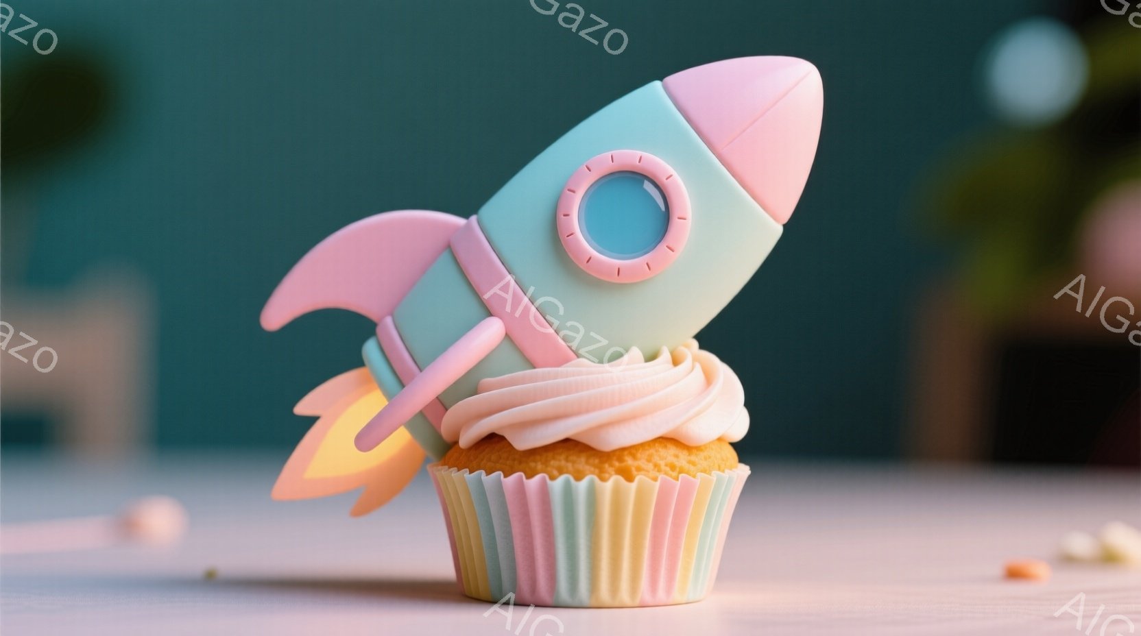 鮮やかなピンク色のフロスティングを乗せたカップケーキの上に、水色のロケット型の飾り付けが乗っています。ロケットからはオレンジ色の炎が表現されており、遊び心のある可愛らしい雰囲気を醸し出しています。背景はぼやけた淡い色調で、カップケーキとロケットが際立っています。