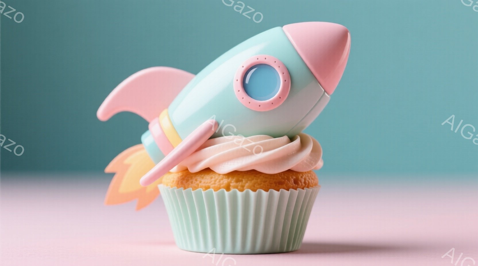 淡いピンク色の背景に、クリーム色のカップケーキが飾られています。カップケーキの上には、水色とピンクのロケット型のデコレーションが乗っており、オレンジ色の炎が表現されています。全体的にパステルカラーで可 - AI生成フリー素材