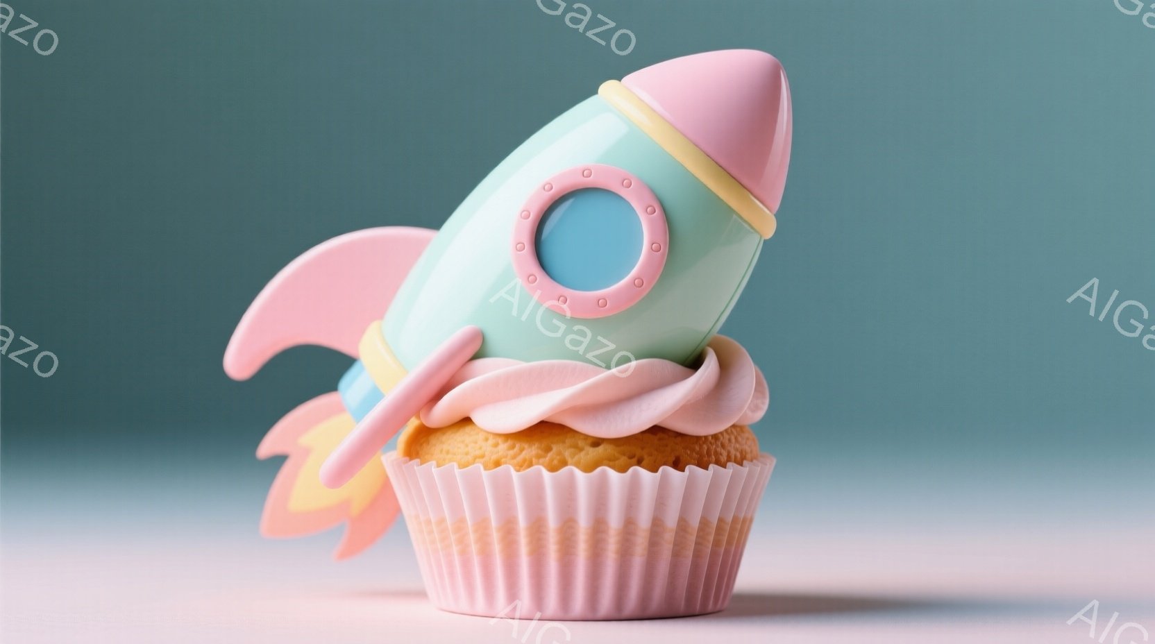 ふわふわのクリームが乗ったカップケーキの上に、ピンクとターコイズのロケット型クリームが飾られています。背景は淡い水色と白のグラデーションで、全体的に柔らかく可愛らしい雰囲気です。クリームのロケットから - AI生成フリー素材
