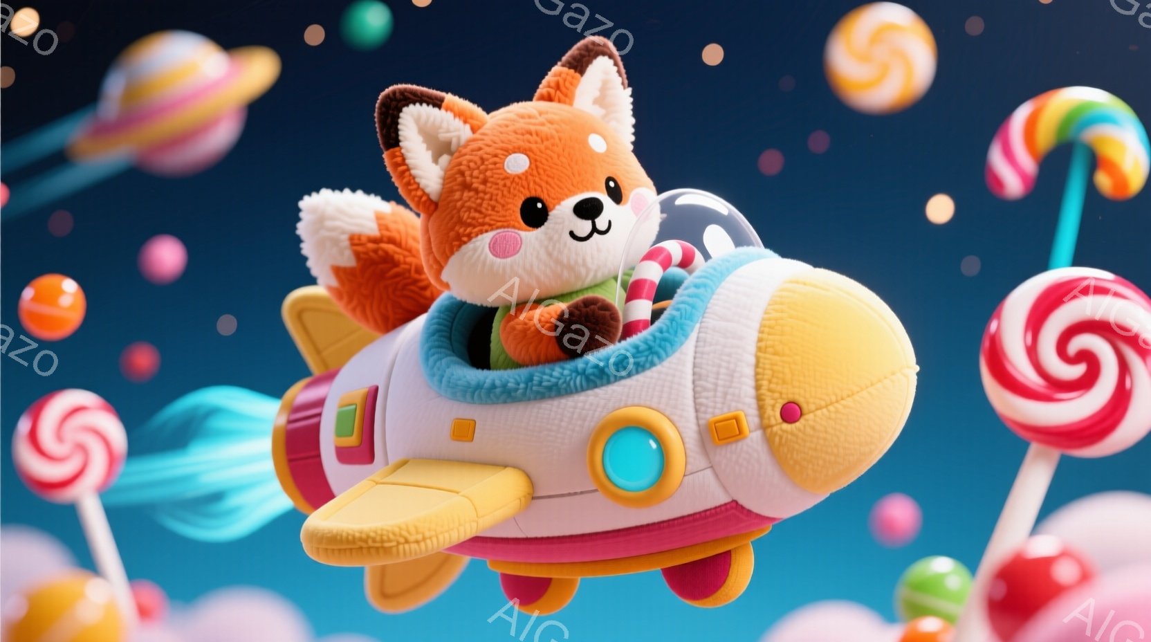 キツネのキャラクターが、ピンクと白のカラフルなロケットに乗って空を飛んでいます。キツネはクリーム色の服を着て、楽しそうな表情を浮かべています。背景には、キャンディーや惑星が浮かび、夢のようなファンタジ - AI生成フリー素材