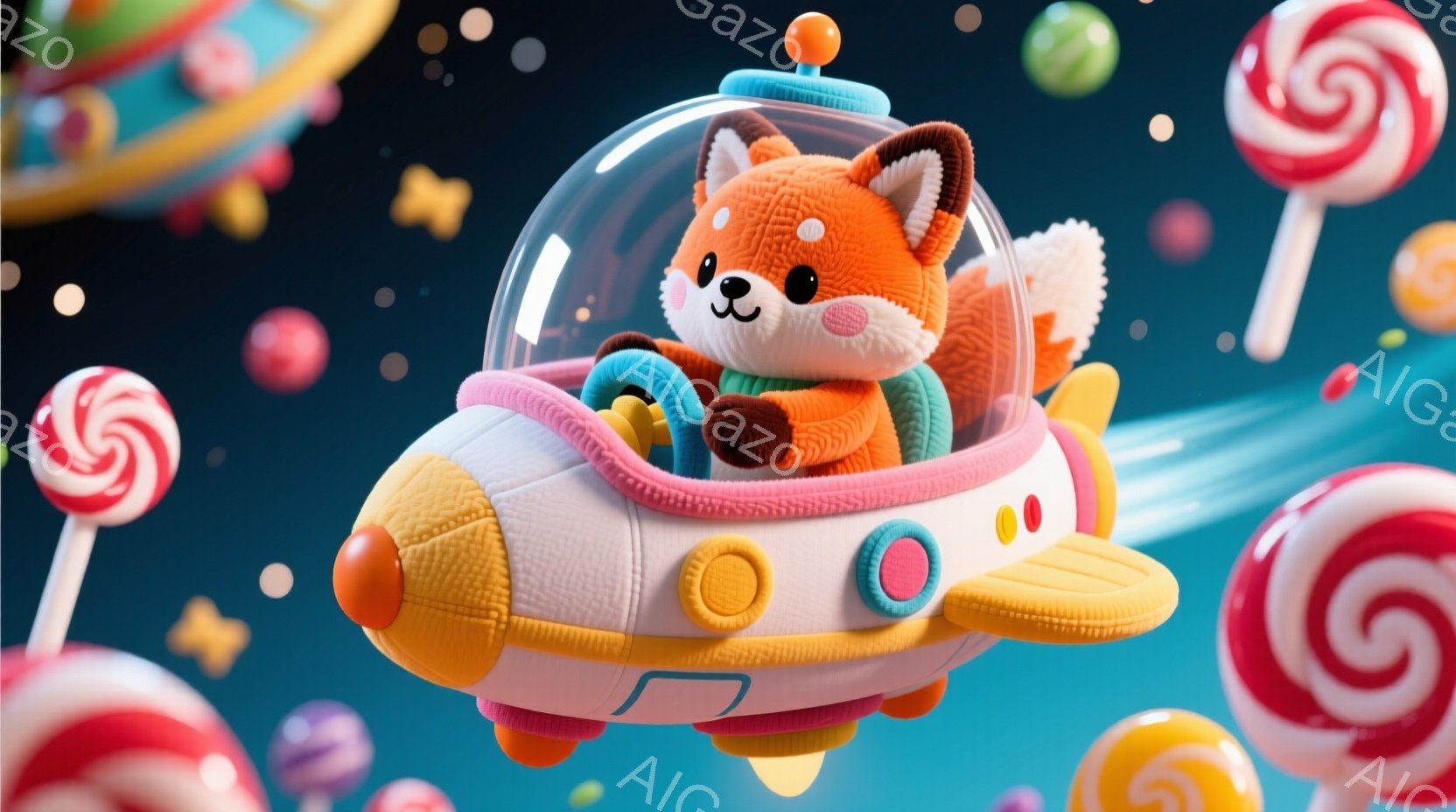 明るいピンク色の宇宙船に、オレンジ色のキツネが座っています。キツネは、赤いスカーフを首に巻き、嬉しそうな表情で前を見つめています。背景には、キャンディーや星、惑星が散りばめられ、カラフルで夢のような空間が広がっています。