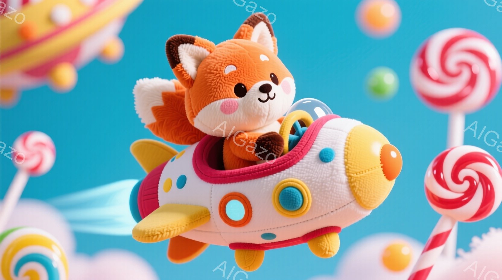 オレンジ色の愛らしいキツネが、ピンクと水色のロケットに乗って空を飛んでいます。キツネは丸い耳と笑顔で、とても楽しそうな表情をしています。背景にはカラフルなキャンディや雲があり、夢のようなファンタジーの - AI生成フリー素材