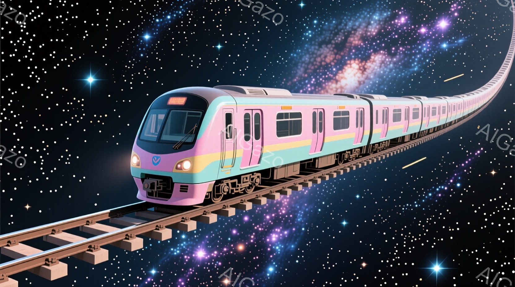 鮮やかなピンクと水色のストライプが特徴的な未来的な電車が、星空を背景に線路の上を走っている。電車は洗練されたデザインで、前面には明るい青色のアクセントとロゴが入っている。背景は、紫とピンクの星雲が散り - AI生成フリー素材
