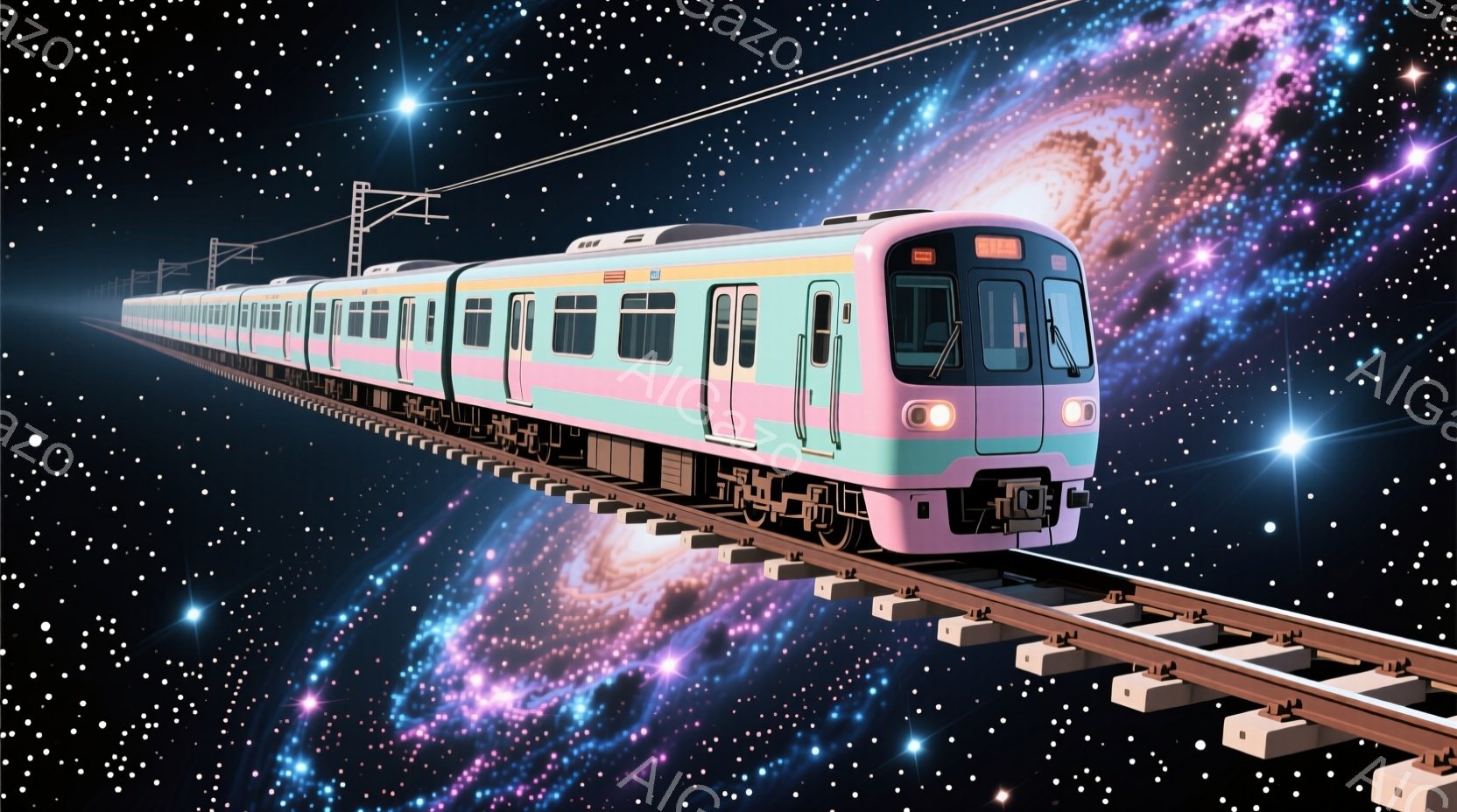 鮮やかなピンクと水色の車体が特徴的な電車が、星雲を背景に線路の上を走っている。車両は未来的なデザインで、全体的に滑らかで洗練された印象を与える。背景の星雲は紫色と青色が混ざり合い、幻想的で壮大な雰囲気を醸し出している。