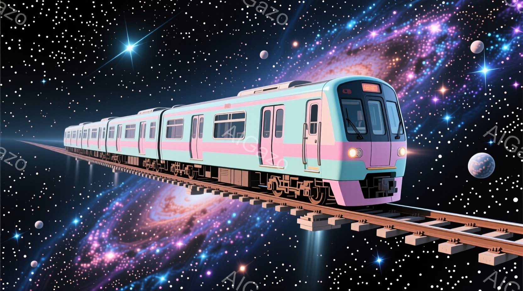 鮮やかなピンクと水色の列車が、星雲と銀河が広がる宇宙空間を走っている。線路は光を発しており、列車の運行を導いているように見える。壮大で幻想的な雰囲気で、夢の中のような光景が広がっている。