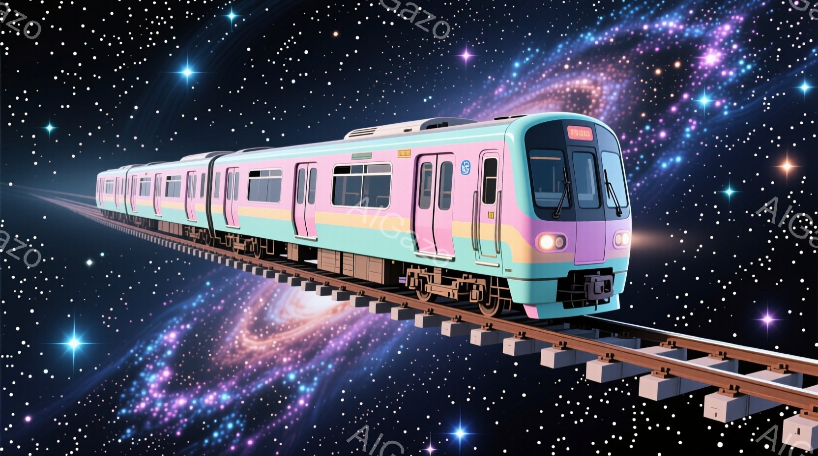 宇宙空間を走るような淡い水色と紫色の電車が描かれています。電車の周囲には星が散りばめられ、遠くにはピンクと紫色の銀河が広がっており、幻想的な雰囲気を醸し出しています。線路は宇宙空間に浮かび、まるで夢の - AI生成フリー素材