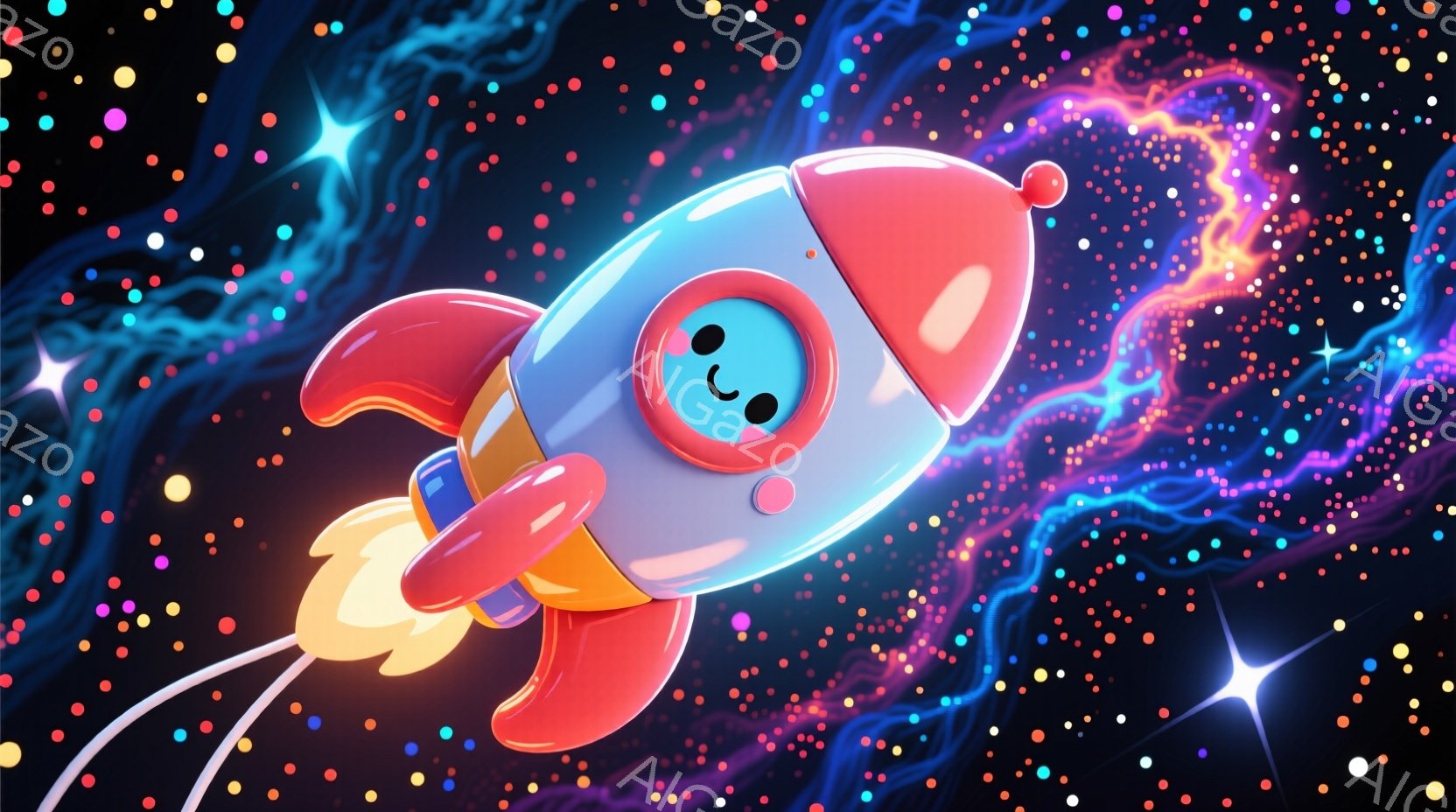 愛らしいロケットが宇宙空間を飛んでいる様子を描いています。ロケットは白とピンク色で、大きな黒い目と可愛らしい笑顔を浮かべており、オレンジ色の炎が尾を引いています。背景は星やカラフルな雲で満たされ、全体 - AI生成フリー素材
