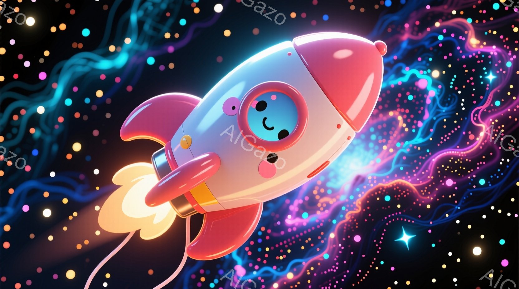 可愛らしいロケットが、鮮やかなピンクと白を基調とした色合いで、燃え盛る炎を背に宇宙空間を飛んでいる様子が描かれています。ロケットには可愛らしい顔が描かれており、明るい雰囲気を醸し出しています。背景には - AI生成フリー素材