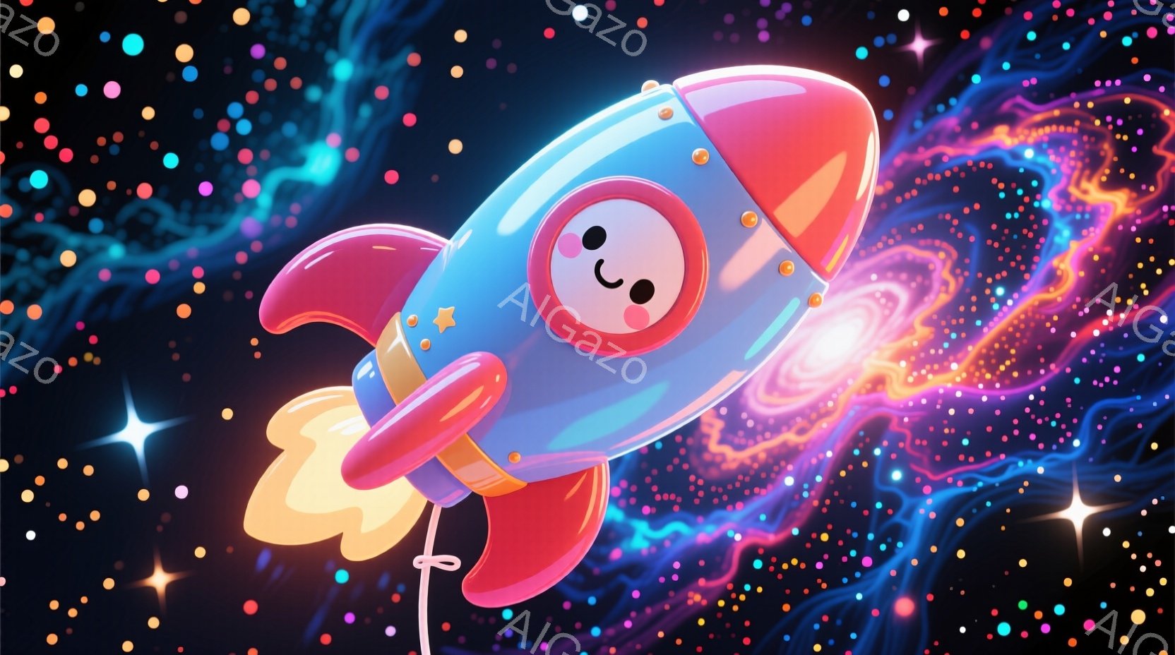 明るいピンクと水色のロケットが描かれており、まるで風船のように紐で吊り下げられています。ロケットは愛らしい表情をしており、背景には渦巻くような銀河と輝く星々が広がっています。全体的に、夢のような、遊び心のある雰囲気が漂っています。