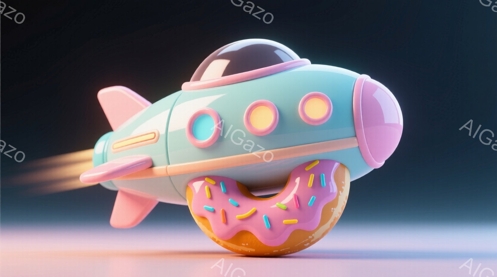 鮮やかな水色のロケットが、ピンク色のドーナツをタイヤのように使用して高速で飛行している様子が描かれています。ロケットは丸みを帯びたデザインで、ピンクの尾翼とオレンジ色のアクセントが特徴です。背景はぼやけたピンクと水色のグラデーションで、スピード感を強調し、遊び心のある雰囲気を演出しています。