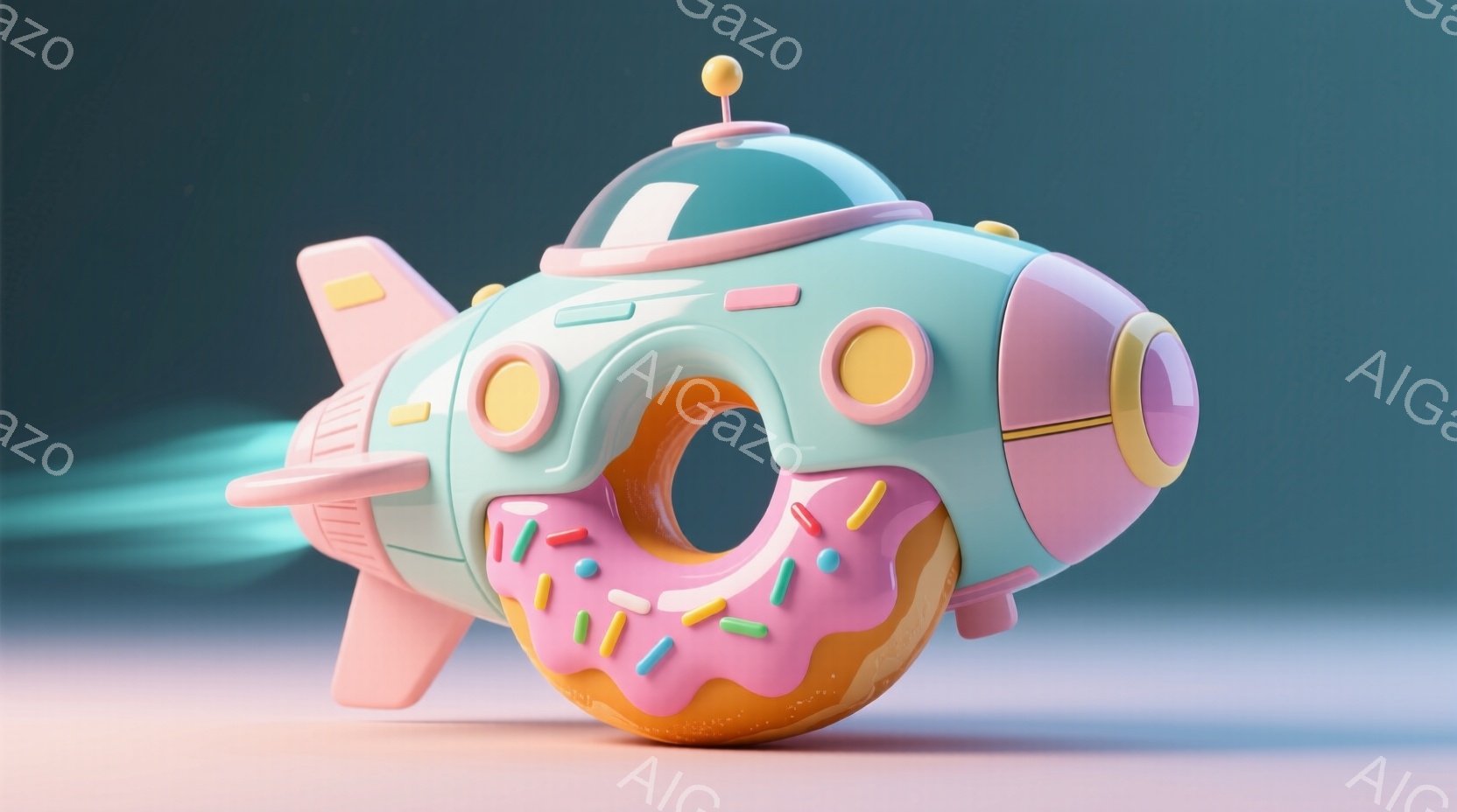 淡い水色の可愛らしい宇宙船が、ピンク色のドーナツを胴体に見立てて描かれています。ドーナツにはカラフルなトッピングが施され、船尾からは青い推進力が噴出しています。背景はパステルカラーのグラデーションで、全体的にポップで遊び心のある雰囲気です。
