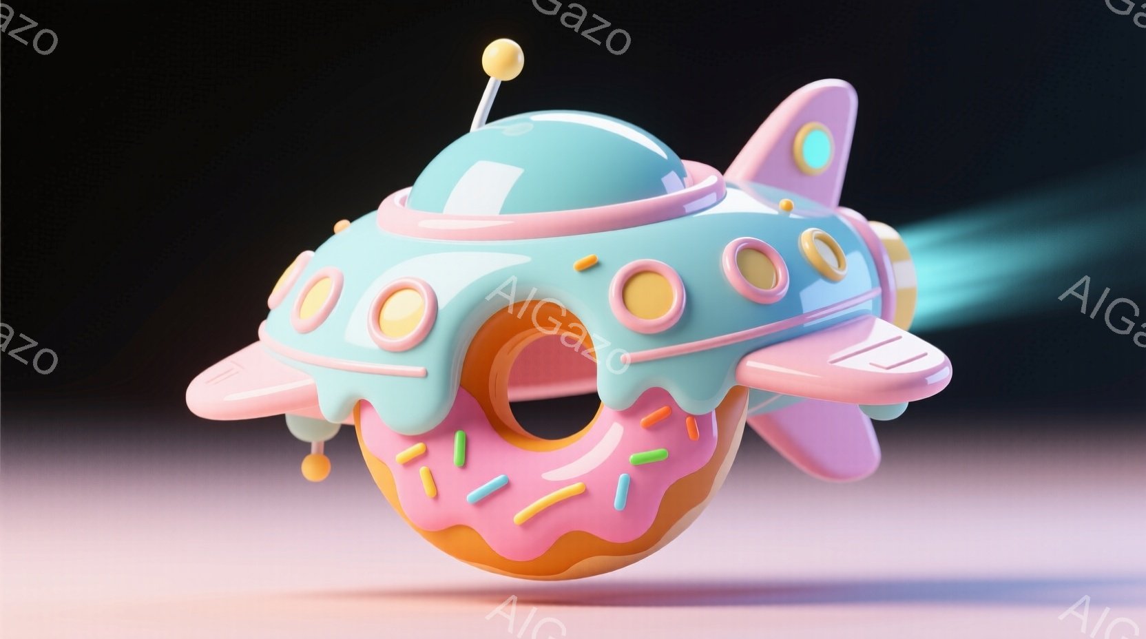 ドーナツを模したユニークな宇宙船を描いています。淡い水色の船体はピンク色のアイシングで縁取られ、カラフルなスプリンクルが散りばめられています。背景はぼんやりとしたピンクと水色のグラデーションで、宇宙船が高速で飛んでいる様子を表す青い推進力のエフェクトが加えられています。