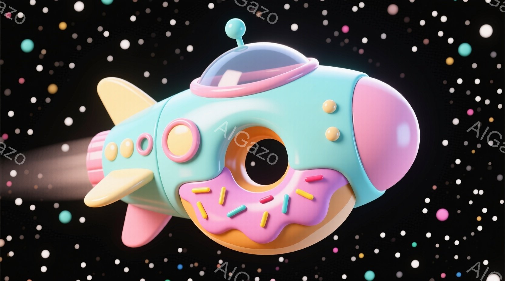 カラフルな宇宙船が星空を飛ぶ。透明なドーナットで構成される機体は、紫と青の間にあり、中心に大きな目を持つ。