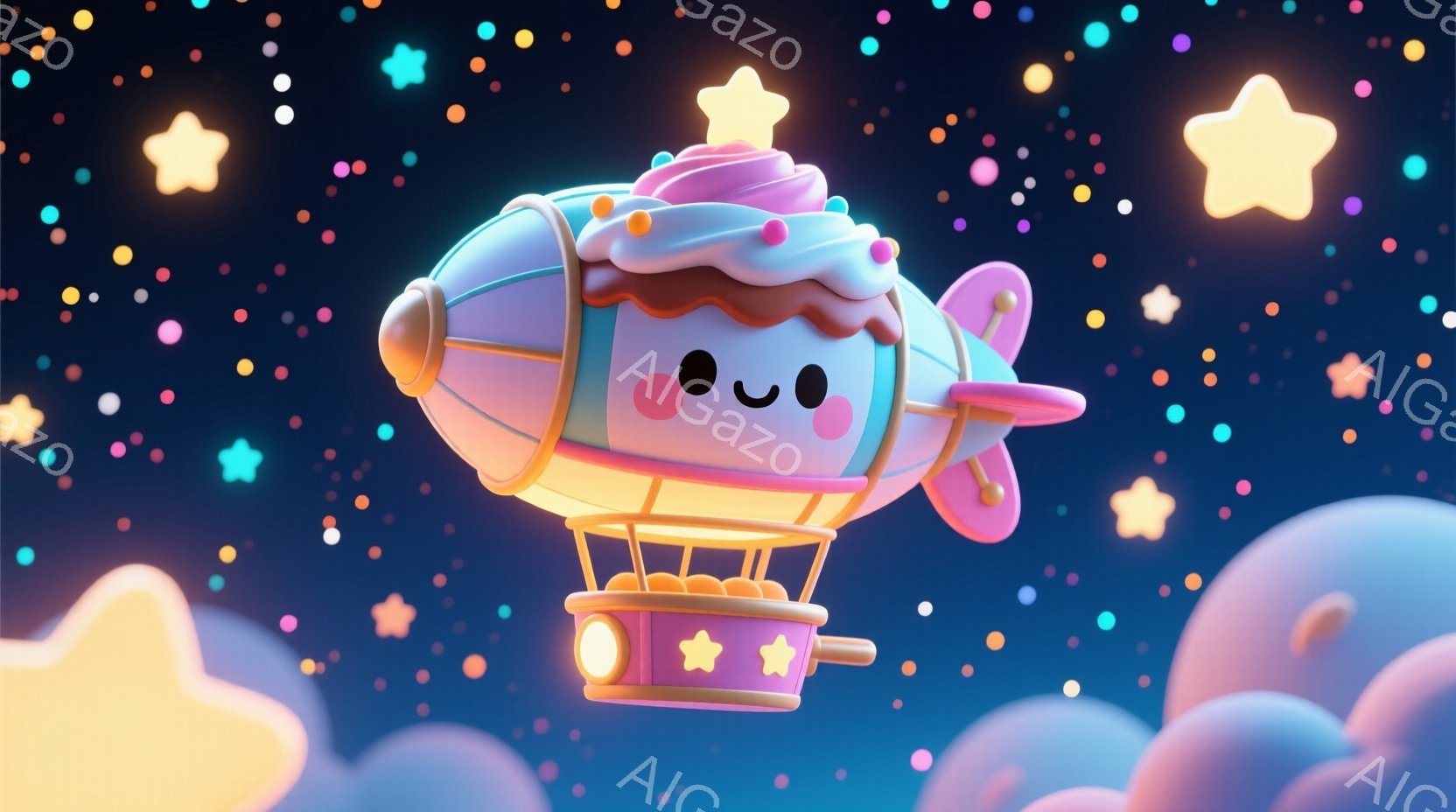 鮮やかな夜空を背景に、クリームとストロベリーを模した可愛らしい飛行船が描かれています。その下には、雲のようなふわふわとした形をしたものがいくつか浮かんでおり、空には星が散りばめられています。飛行船は明るい光を放ち、全体的に夢見心地でファンタジックな雰囲気を醸し出しています。