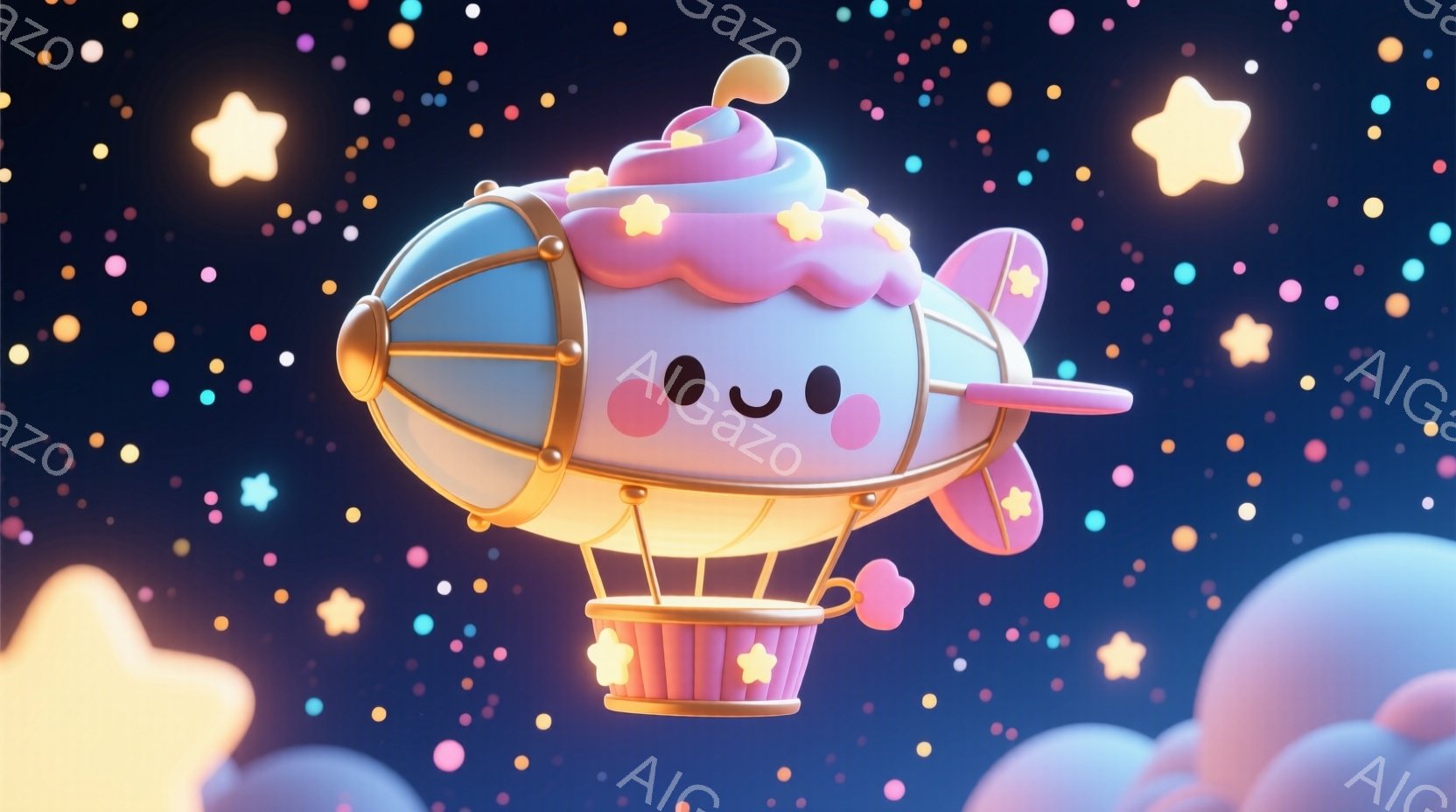 空には、パステルピンクと水色の可愛らしい飛行船が浮かんでいます。飛行船はクリームのような形をしており、星の飾りとバニラアイスのような先端が特徴です。背景は夜空をイメージした深い青色で、様々な大きさの星が輝き、夢のような雰囲気を醸し出しています。