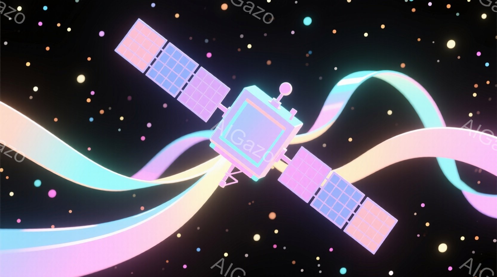 鮮やかなピンクと紫の色調で、宇宙空間を漂う人工衛星が描かれています。衛星は四角い本体と、両側に広がる太陽電池パネルを持ち、周囲には淡い色彩の曲線が光り輝いています。背景は暗い宇宙空間で、小さな光点が星々のように散りばめられ、夢幻的で未来的な雰囲気を醸し出しています。