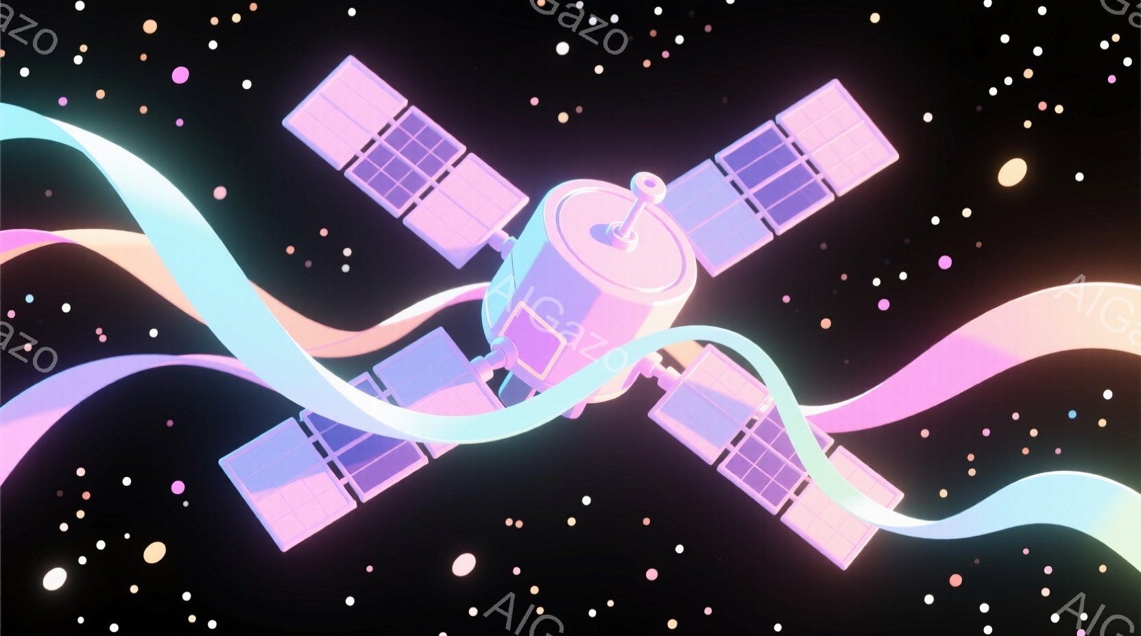 鮮やかなピンクと紫を基調とした衛星が、黒色の宇宙空間に浮かんでいます。衛星のソーラーパネルは四角形で、ピンクと紫のグラデーションが施されており、そこから伸びる曲線的な光の帯が、幻想的な雰囲気を醸し出し - AI生成フリー素材